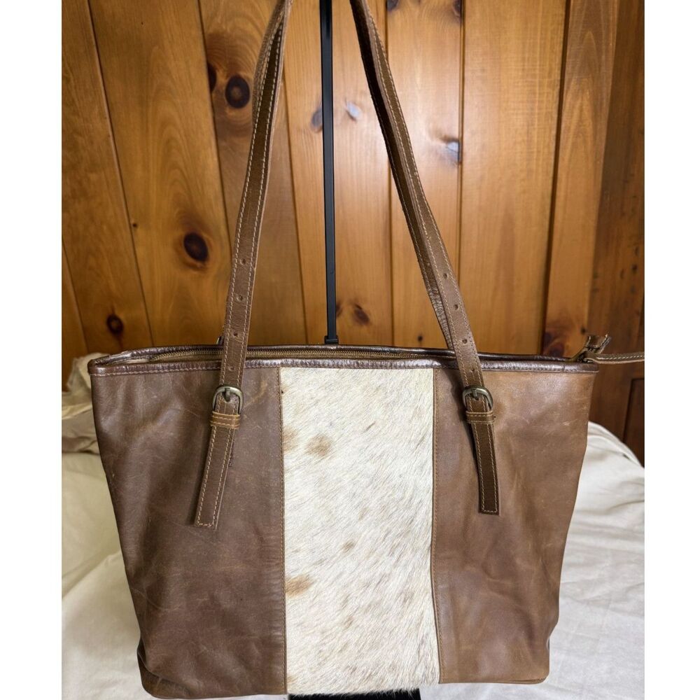 Brown Leather Shoulder Bag - White Panel, Buckle Detail